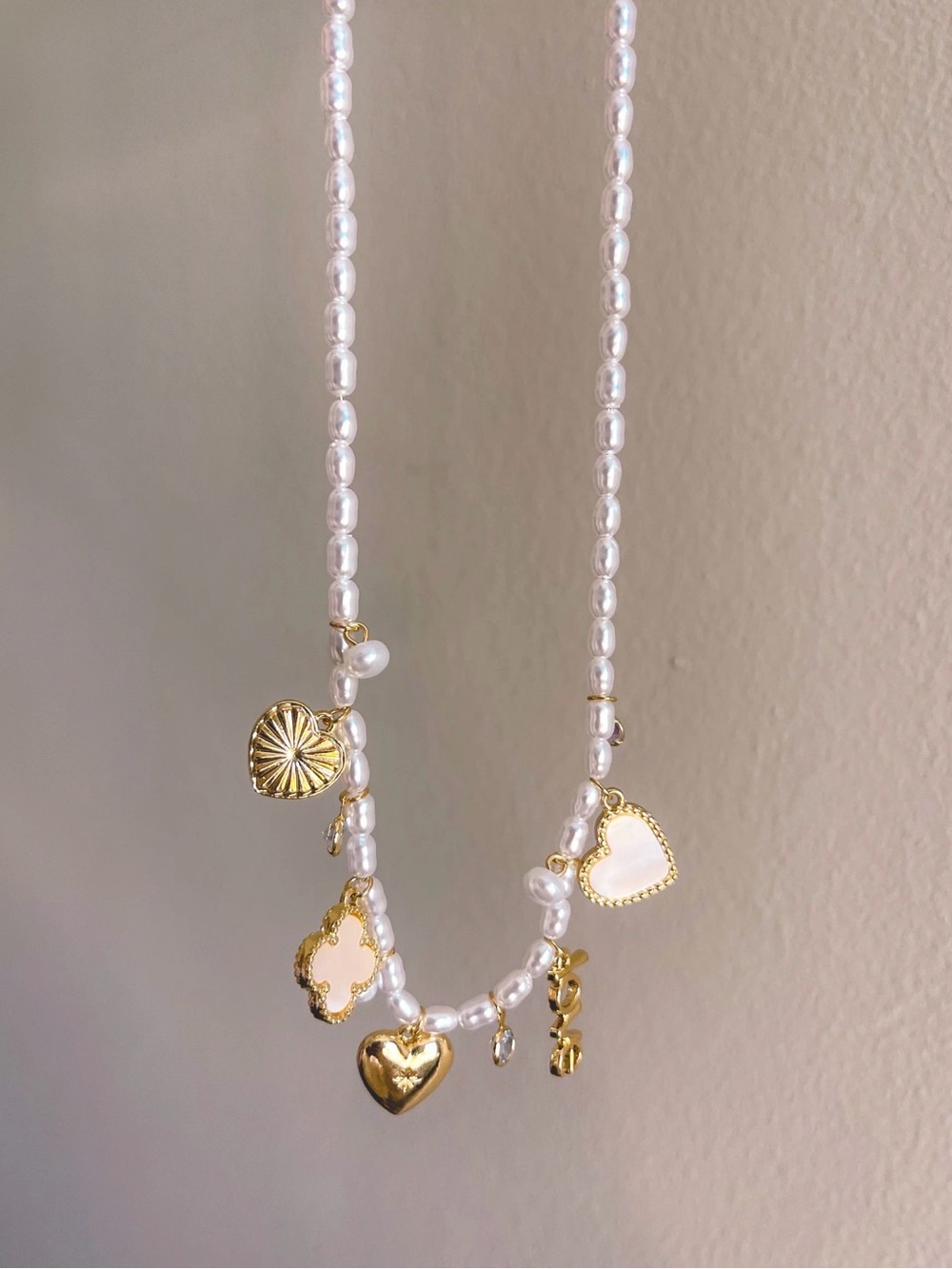 Delicate White Pearl Charm Necklace with Gold Hearts - Women Jewelry
